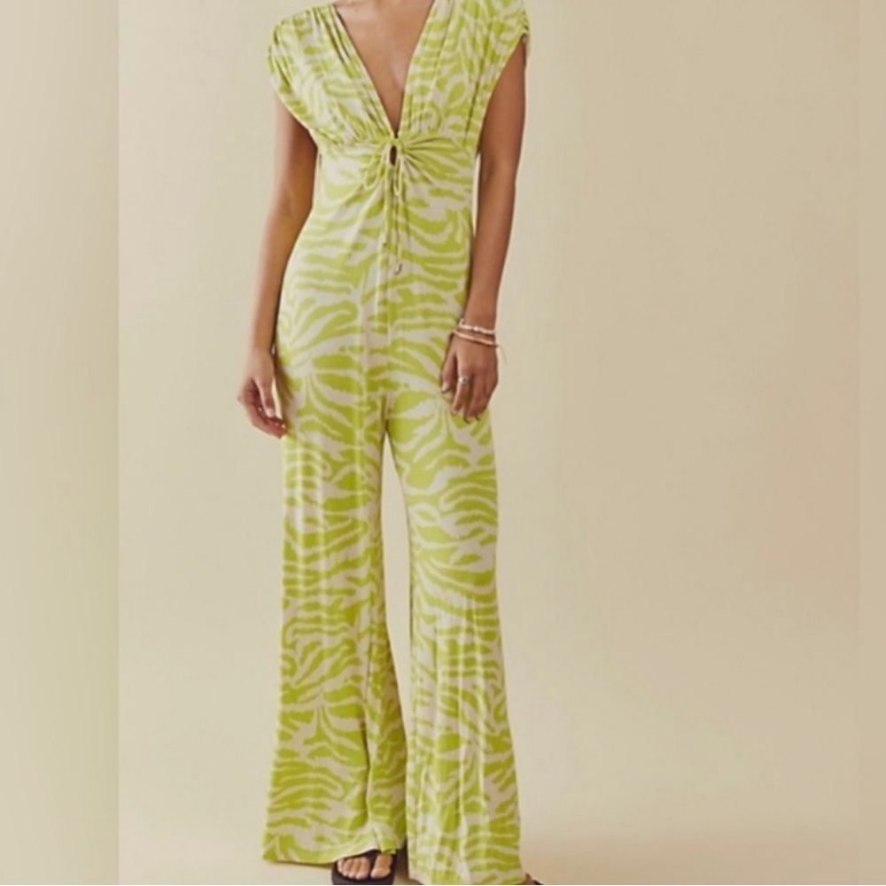 NWOT Free People Next Summer Jersey Lime White Jumpsuit Size Large